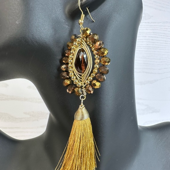 Handmade NEW Elegant Gold and Brown Tassel Earrings 14k gold platted - Picture 3 of 4